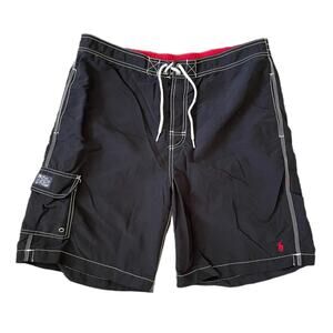 Polo Ralph Lauren Vintage 9" Board Shorts, Black Red Pony, 90s Y2K, Men's XL